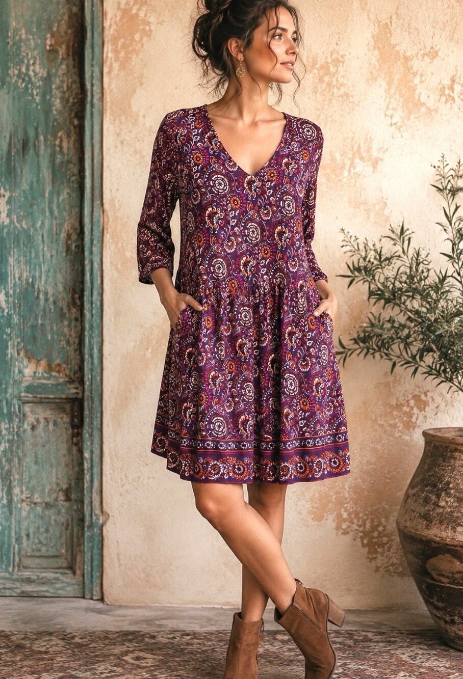 Garnet Hill Sz 8 Purple Paisley Floral Drop Waist Tunic Dress Viscose Lined Pkt